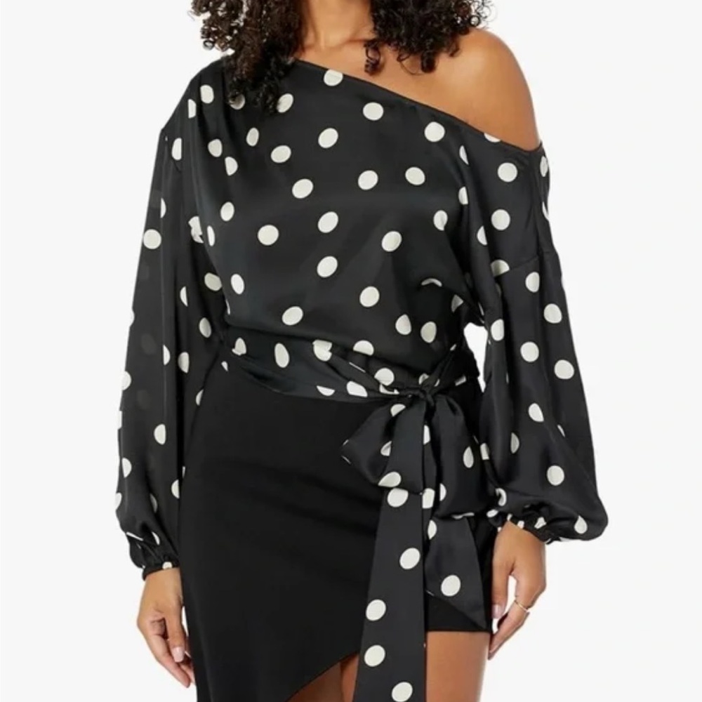 The Drop Polka Dot Off-Shoulder Tie-Waist Blouse - Black/White